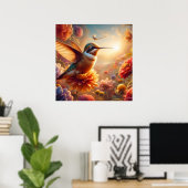 Sierlijke kolibrie zweeft boven bloeiende bloem poster (Thuiskantoor)
