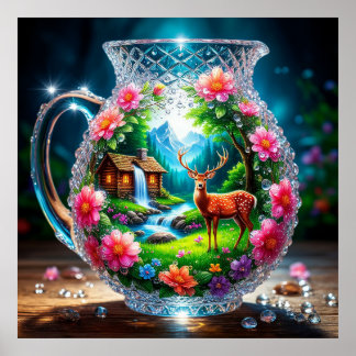 Sierlijke kristallen vaas met boslandschap poster