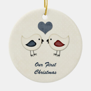 Sierlijke Liefdesvogels Eerste Kerstmis Keramisch Ornament