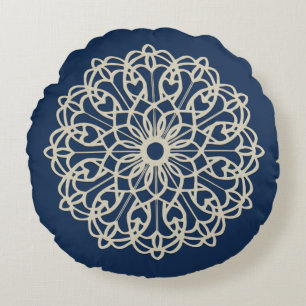 Sierlijke Mandala Donkerblauw Rond Kussen