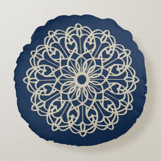 Sierlijke Mandala Donkerblauw Rond Kussen (Voorkant)