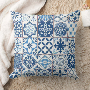 Sierlijke mediterraan indigoblauwe azulejo-mozaïek kussen
