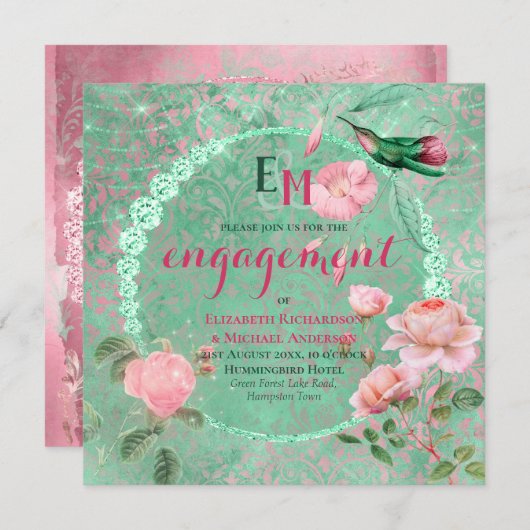 Sierlijke Mintgroene Roze Gouden KOLIBRIE Verlovin Kaart (Voorkant / Achterkant)