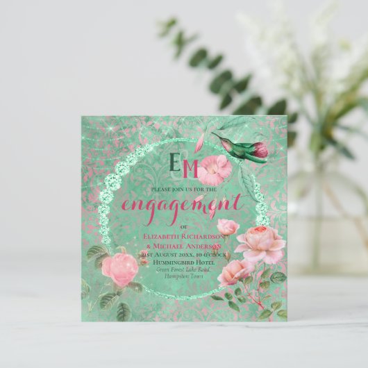 Sierlijke Mintgroene Roze Gouden KOLIBRIE Verlovin Kaart (Staand voorkant)