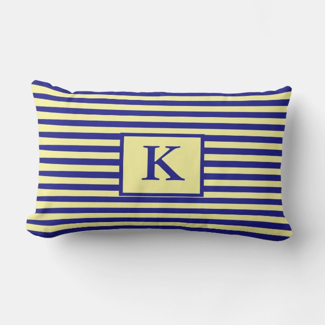 Sierlijke Navy Blauwe Gele Monogrammen Strepen Cut Buitenkussen (Voorkant)