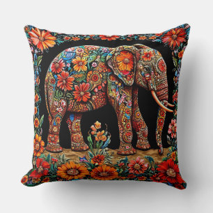 Sierlijke olifant met levendige bloemmotieven kussen