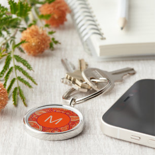 Sierlijke Oranje Paisley Patroon Monogram Sleutelhanger