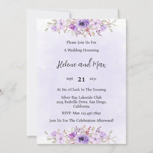 Sierlijke Paarse minimalistische bloemenbruiloft Kaart (Voorkant)