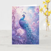 Sierlijke pauw met mooie gevederde staart kaart (Gele Bloem)