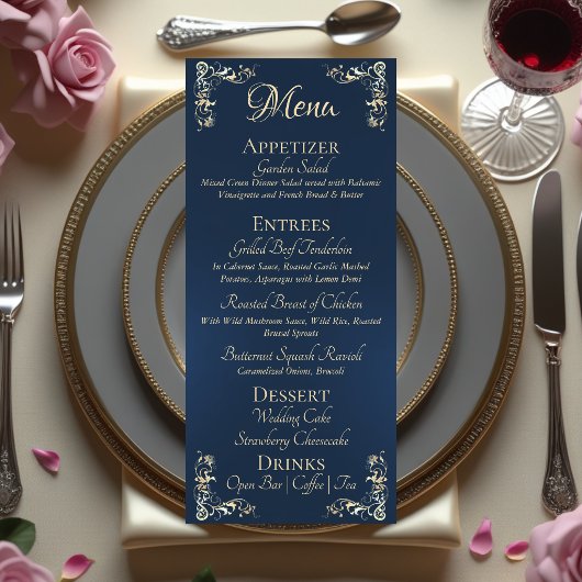 Sierlijke rand & hartmonogram - Blauw Menu