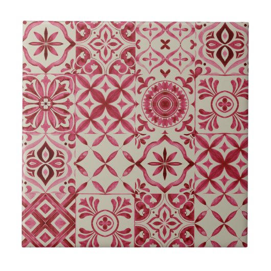 Sierlijke rode azulejo-tegel patchworkpatroon tegeltje (Voorkant)