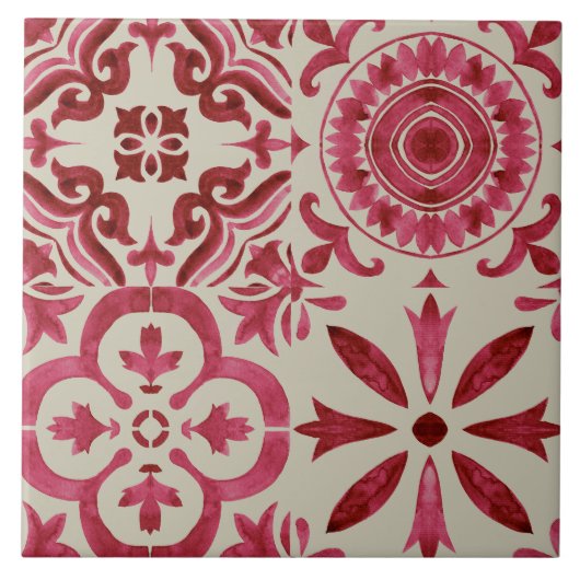 Sierlijke rode azulejo-tegel patchworkpatroon tegeltje (Voorkant)
