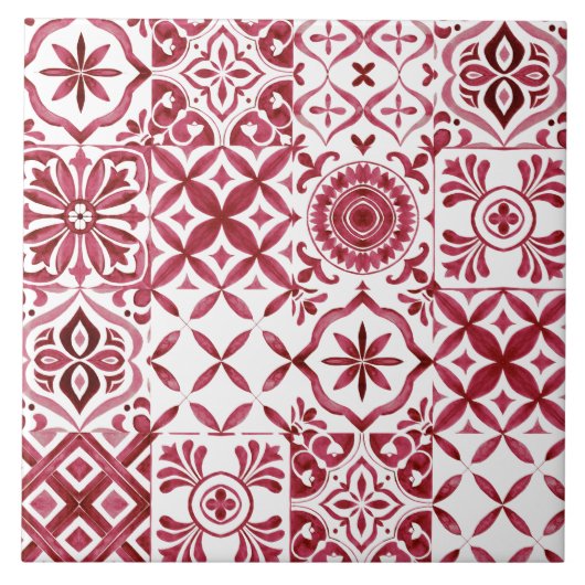 Sierlijke rode azulejo-tegel patchworkpatroon tegeltje (Voorkant)
