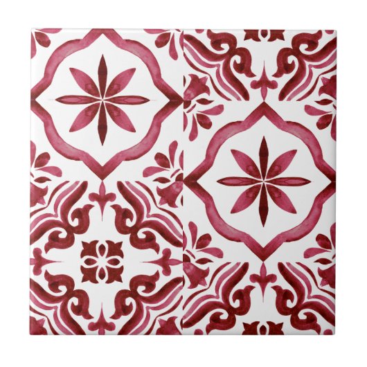 Sierlijke rode azulejo-tegel patchworkpatroon tegeltje (Voorkant)