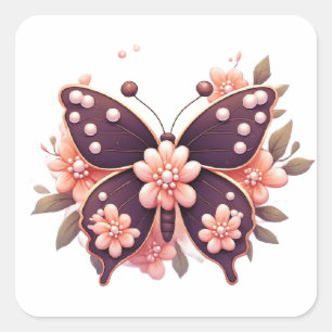 Sierlijke Roze Bloem Vlinder Vierkante Sticker