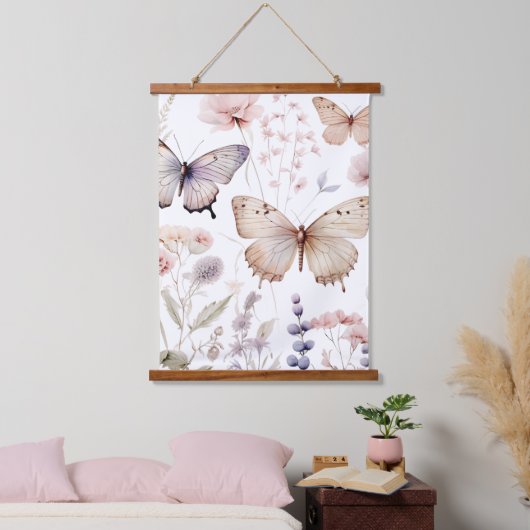 Sierlijke roze en Paarse Vlinders en Bloemen Hangend Wandkleed (Slaapkamer)