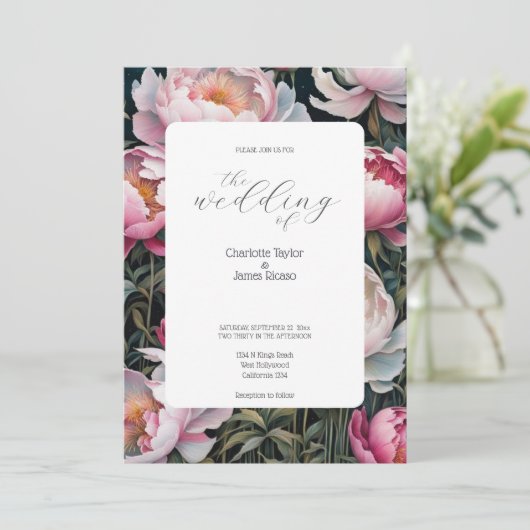 Sierlijke Roze en Witte Pioenrozen Bruiloft Kaart (Staand voorkant)