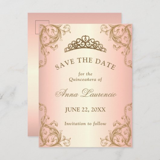 Sierlijke Roze Gouden Quinceanera Save The Date Briefkaart (Voorkant / Achterkant)