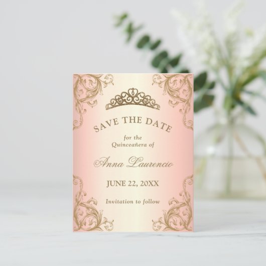 Sierlijke Roze Gouden Quinceanera Save The Date Briefkaart (Staand voorkant)