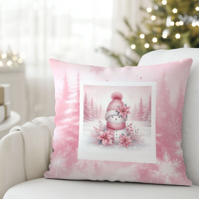 Sierlijke Roze Kussen Sneeuwman RozeKerstmis Bos (Whimsical Pink Pillow Snowman Pinkmas Forest)
