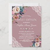 Sierlijke Stof Blauw Roze Bloemen Sweet Sixteen Kaart (Voorkant)