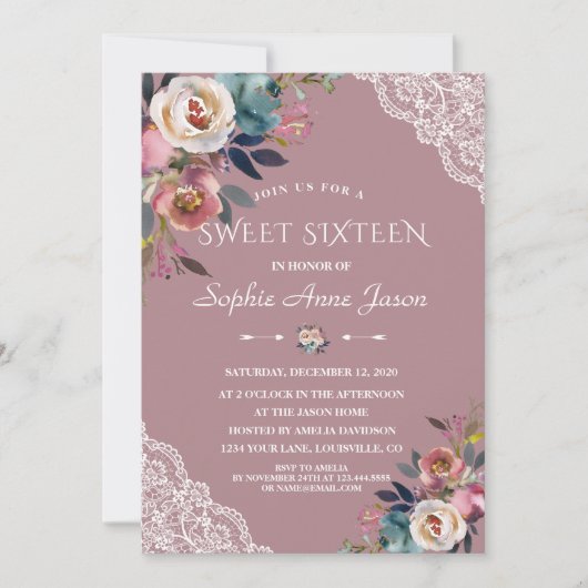 Sierlijke Stof Blauw Roze Bloemen Sweet Sixteen Kaart (Voorkant)