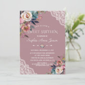 Sierlijke Stof Blauw Roze Bloemen Sweet Sixteen Kaart (Staand voorkant)