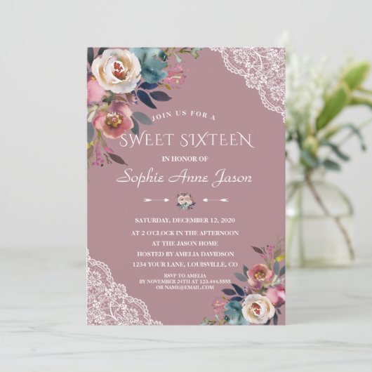 Sierlijke Stof Blauw Roze Bloemen Sweet Sixteen Kaart (Staand voorkant)