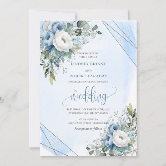 Sierlijke Stof Blauwe Witte Zilveren Bloemen Bruil Kaart (Voorkant)