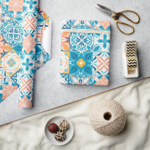 Sierlijke tegels in blauw en oranje cadeaupapier