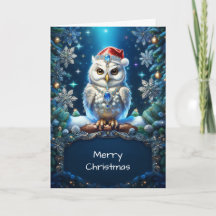 Sierlijke Uil met Kerstman Hoed Kerstkaart