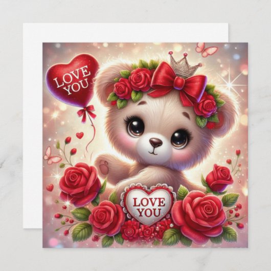 Sierlijke Valentijn teddybeer met rood hart Feestdagenkaart (Voorkant / Achterkant)