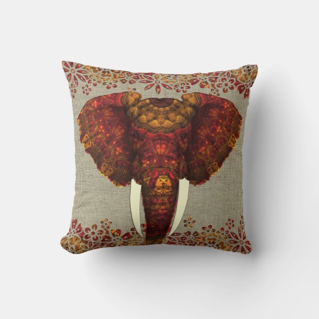 Sierlijke Versierde Olifant Ontwerp Kussen (Voorkant)