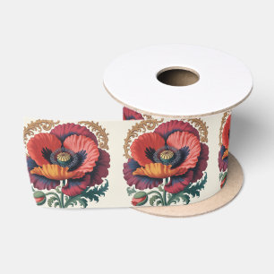 Sierlijke Vintage Klaproos Bloem Illustratie Satijnen Lint