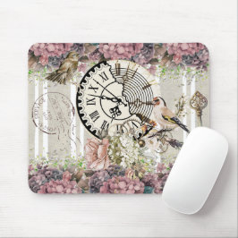 Sierlijke vintage klok Bloemen en vogels roze Muismat