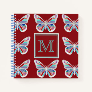 Sierlijke Vlinders Bordeaux Patroon Monogram Notitieboek