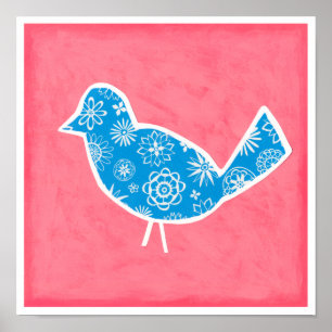 Sierlijke vogel met patronen op roze achtergrond poster