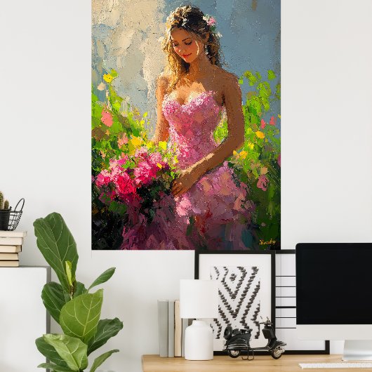 Sierlijke vrouw in bloementuin in impressionist poster (Thuiskantoor)