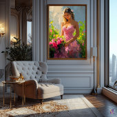 Sierlijke vrouw in bloementuin in impressionist poster