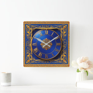 Sierlijke wandklok goud kobaltblauw
