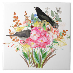 Sierlijke Waterverf Hydrangea met Vogels Tegeltje