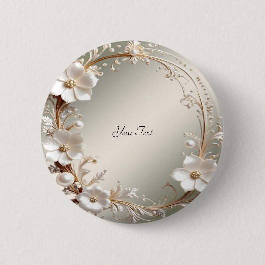 Sierlijke witte bloemframeknop ronde button 5,7 cm (Voorkant)