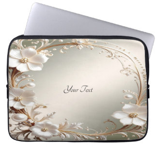 Sierlijke witte bloemrijke frame laptophoes laptop sleeve