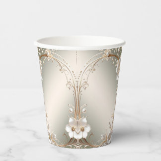 Sierlijke witte bloemrijke frame papieren bekers