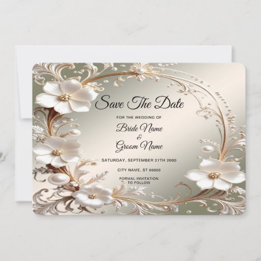 Sierlijke witte bloemrijke kader save the date (Voorkant)