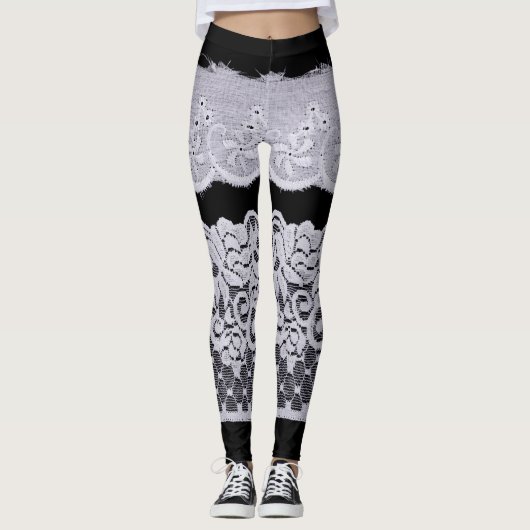 Sierlijke witte kant, geïsoleerde zwarte achtergro leggings (Voorkant)