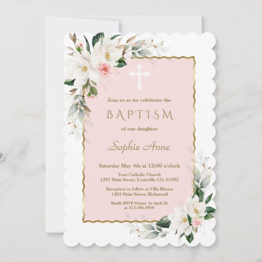 Sierlijke Witte Magnolia Roze Gouden Bloem Doop Kaart (Voorkant)
