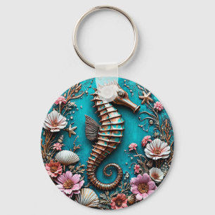 Sierlijke zeepaard sculptuur omringd door bloemen sleutelhanger