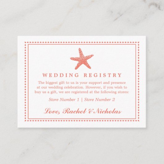 sierlijke zeester | Huwelijkscadeau Registry Informatiekaartje (Voorkant)