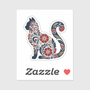 Sierlijke Zittende Kat - Rood, Blauw & Goud Bloemm Sticker